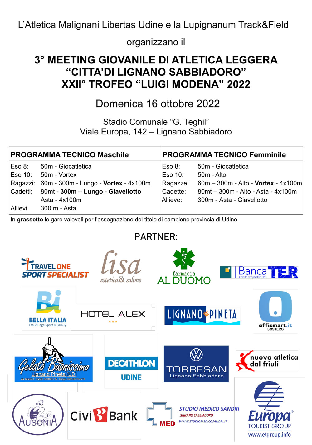 Programma orari Meeting Giovanile Atletica Leggera